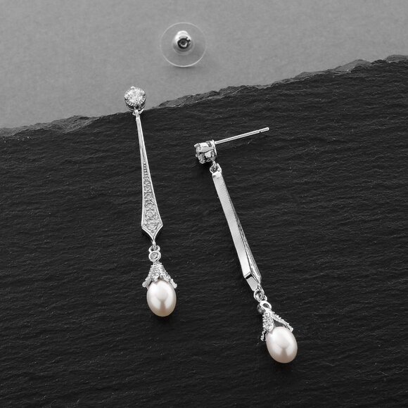 Women's Silver Pearl Dangle Earrings with Freshwater Pearls and Cubic Zirconia - Picture 4 of 7